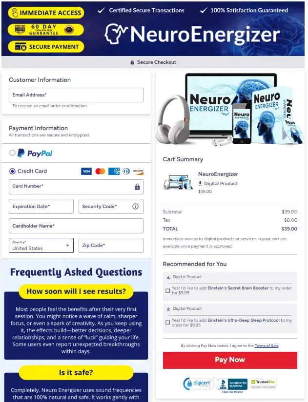 “Secure Neuro Energizer order page displaying supplement packages, pricing details, bonuses, and money-back guarantee.”